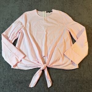 Antonio Milani M Pink & White Striped Long Sleeve Tie Front Blouse Top Crew Neck